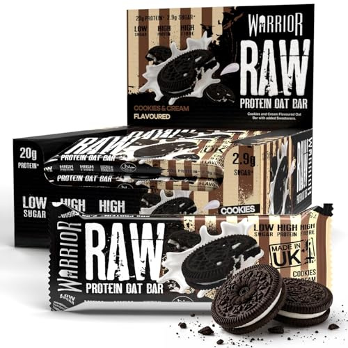 Warrior RAW Barritas Proteicas 12 x 75 g – Galletas y Crema | 12 barritas, 20 g de proteína, alto en fibra, bajo en azúcar, avena integral, snack o pre-entreno