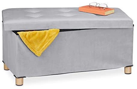Relaxdays Sitzbank mit Stauraum, Polster, Samtbezug, Holzfüße, bis 120 kg, faltbar, Sitztruhe HBT: 34x76x38 cm, hellgrau