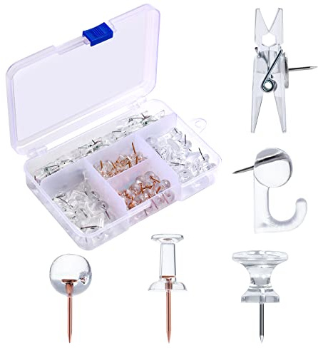 AIEX 125pcs Push Pins Set, Including Clear Plastic Push Pin Hooks with Stainless Steel Points, Decorative Thumb Tacks for Office Wall (5 Styles), Transparent