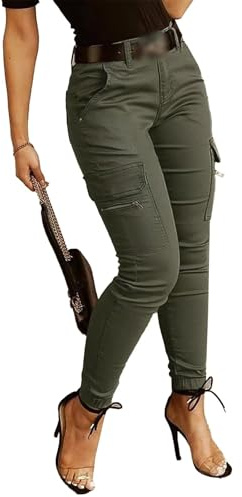 Flamingals Skinny Cargo Pants for Women Mid Waist Casual Slim Fit Multi-Pocket Cargo Jogger Hiking Pants with 6 Pockets Green M