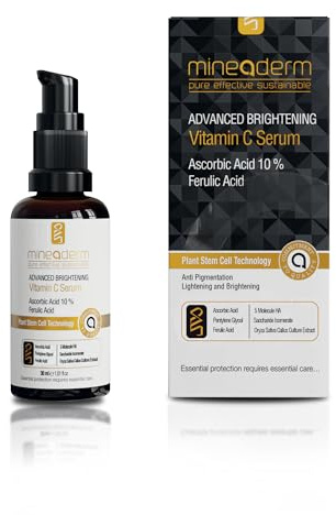 Mineaderm Advanced Brightening Vitamin C Serum mit 10% Ascorbinsäure und Ferulsäure – Antioxidatives Gesichtsserum für strahlenden Teint Feuchtigkeitspflege gegen Hautunebenheiten -30ml