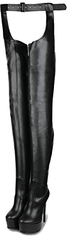 Only maker Bottes Overknees Chap à plateforme Stiletto avec ceinture et fermeture éclair, Noir en polyuréthane., 39 EU