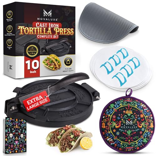 Movaluxe® Tortilla Press 10 Inch Cast Iron XL – Corn & Flour Roti Maker Machine Heavy Duty Tortillera Presser. With Parchment Paper, Warmer Pouch, Taco Holders, Rubber Mat & Digital Culinary Guide