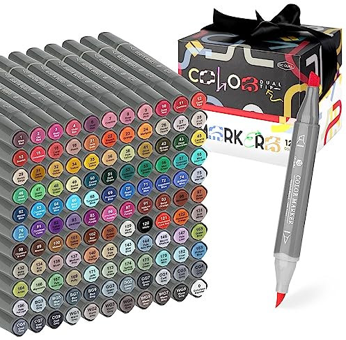 GC QUILL Pennarelli ad alcool con punta a pennello - 121 colori markers con pennello e scalpello a doppia punta per bambini, artisti, adulti, schizzi da colorare, illustrazione GC-MK121