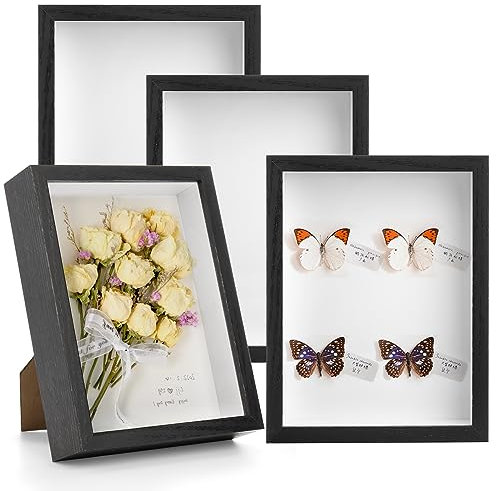 Hacaroa Set of 4 Shadow Box Picture Frame, 22x17 cm Wood Frame Memory Display Case, 3 cm Depth Shadow Boxes for Flowers, Memorabilia, Crafts, Photos, Medals and Tickets, Black
