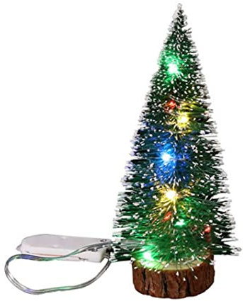 Wedhapy Mini albero di Natale con luce a LED Base in legno artificiale Alimentato a batteria Decorazione da tavolo in pino bianco per la fotografia di home office, Albero di Natale del 25 cm