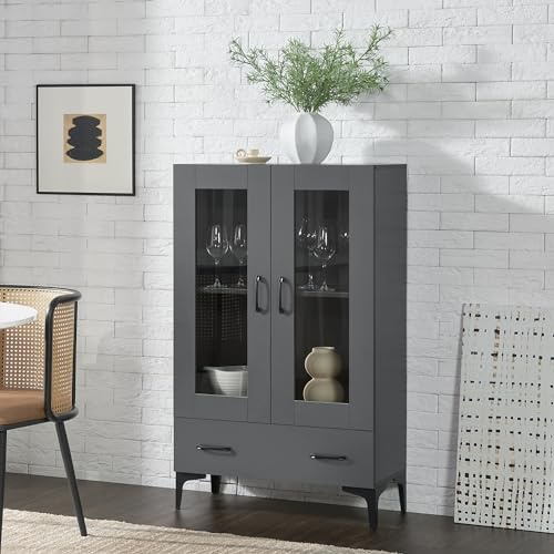 [en.casa] Vitrina Søndersø Aparador para salón Mueble Auxiliar para Comedor Oficina con Estante Cajón 2 Puertas de Cristal Aglomerado 115 x 70 x 31 cm - Gris Oscuro y Negro