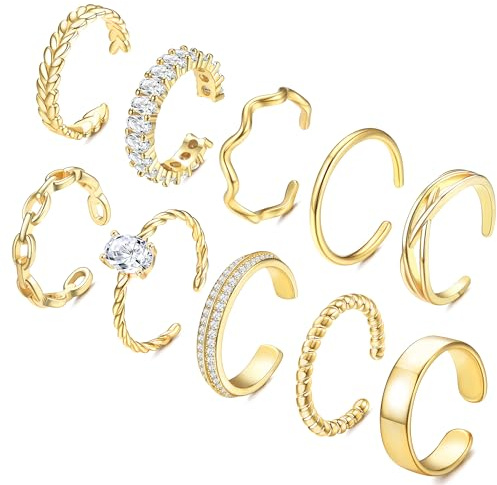ADRAMATA 10Pcs Anelli Donna Oro Set Anelli Donna Fedi Nuziali Minimalista Regolabile Anelli Placcati in Oro 14K Anelli Impilabili Aperti Mignolo Anelli per Dita Anello Pollice Anelli Argento Oro