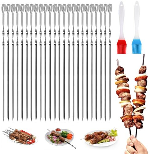 WWYSSZ Spiedini Acciaio Inox per Barbecue 30cm, 24 Pezzi Spiedini per Barbecue Riutilizzabili con 2 Spazzole, Spiedini in Acciaio Inossidabile Acciaio Inox Spiedi Piatti, per BBQ Shish Kebab Verdure