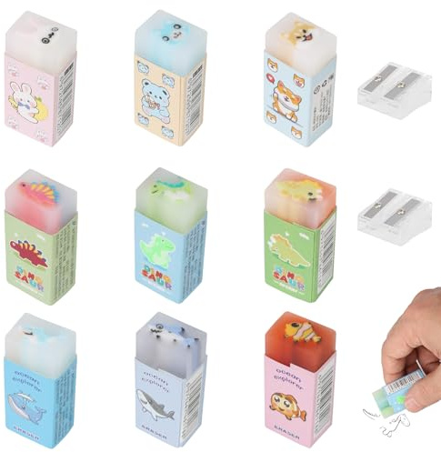 9 stycken radergummi barn dinosaurie, suddgummi med mönster husdjur/dinosaurie, 4,5 cm rektangulär söt tecknad djur suddgummin för att skriva, rita, kontorsmaterial