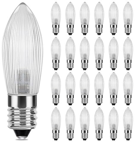 DiCUNO E10 LED Riffelkerze, 25x Spitzkerze für Schwibbogen, LED Ersatzbirne 0.2W ersatz 1W Topkerze, warmweiß 2300K, 5-55V, für Lichterbogen, Adventsleuchter, Lichterkette