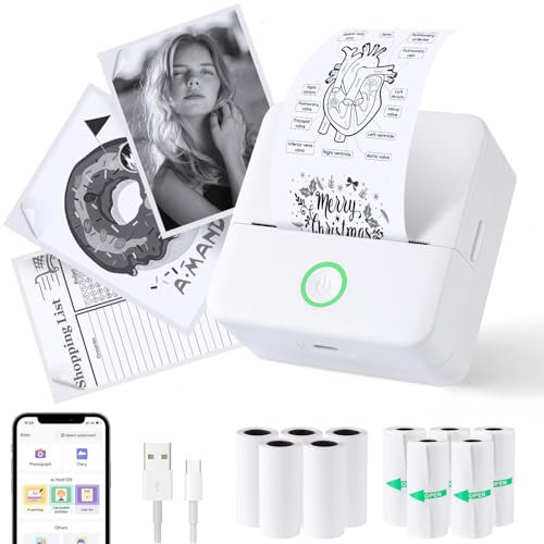 PRAOAHEI Mini Drucker, Tragbarer Fotodrucker mit 10 Rollen Druckerpapier, Bluetooth-Etikettendrucker, Thermodrucker für Notizen, Fotos, Tagebücher, Heimwerken, kompatibel mit iOS und Android (Weiß)