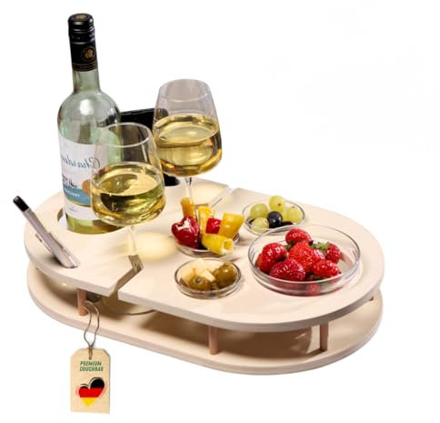 Couchbar Weinbar in Weiß mit 4 Glasschalen | Snackbox für Weingläser und Weinflasche | Sofabar für Snacks | Couch Tablett mit Getränkehalterung | Couch bar für Wein