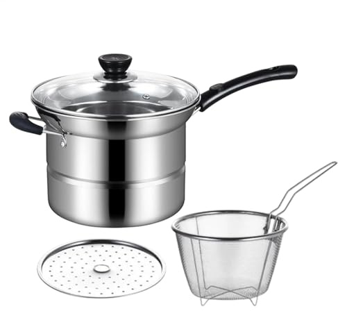 Juego de ollas para freír de acero inoxidable con cesta para freír patatas fritas con colador | Hervidor de herramientas de cocina multifuncional para mariscos, cebollas y más con tapa de