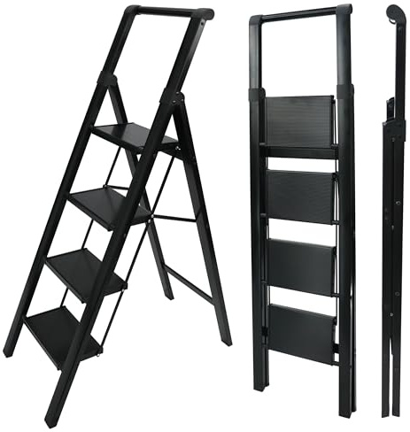 UZIRO Escaleras Plegables 4 Peldaños, Escalera de Aluminio 4 Peldaños Anchos, Sistema Antodeslizante, Muy Liviana y Facil de Guadar