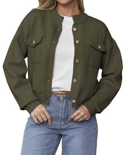 YUNDAI Womens Cardigans Cozy Long Sleeve Lightweight Cute Button Down Jackets Coats Ladies Tops Knitted Crew Neck Cardigan for Women UK, Large Army Green
