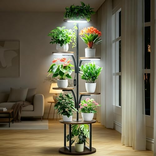 VIHBRAI Scaffale per Piante con Luci di Crescita a Spettro Completo, 7 Livelli Torre Portafiori 148 cm in Metallo e Legno, Mensole per Piante da Interno ed Esterno con Timer e Presa UE
