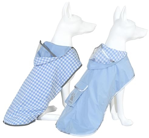 MAMORE Dog Raincoat Reversible,Waterproof Dog Rain Coat Hooded Slicker Poncho with Reflective Strip, Plaid Double Layer Rain Jacket for Small Medium Large Dogs (Light Blue, Medium(13-22))