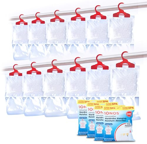 IONOS Wardrobe Dehumidifier Hanging Bag 180 g – 4 Packs of 3 Moisture Absorber Bags (Total 12), Special Crystals, Chemical‑Free, (IONWDEHUMSF12PK)