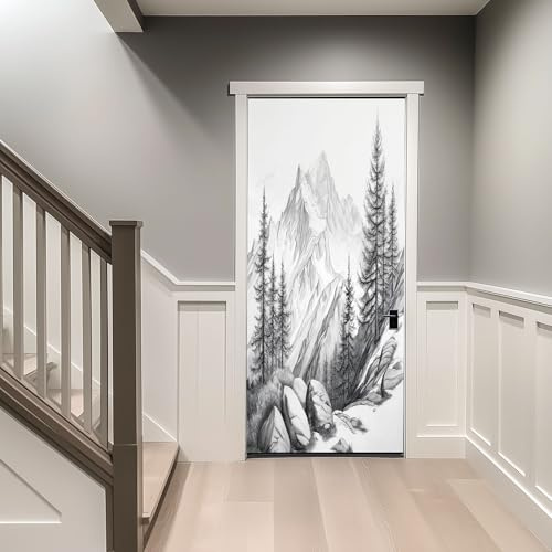 Adesivi Porte 3D 80 x 210 cm Disegno Matita Montagne Alberi Autoadesivo Carta Parati Porta fotomurali Decorazione da Parete Poster murale Decalcomanie Rimovibile per Soggiorno Camera da letto, Grigio