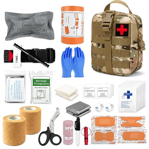 Första hjälpen set utomhus militär, 61 stycken första hjälpen kit militär, ifak-fylld, nödkit, överlevnadsset för utomhuscamping, jakt, vandring, hem, bil, klättring (kamouflagegrön)