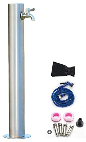 304 Stainless Steel Hose Stand with Spigot & Spray Gun - Garden Water Column for Efficient Irrigation - Includes Installation Accessories (86x20.5/34x8in)
