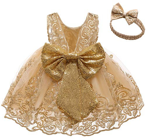 Baby Mädchen Geburtstag Partykleid Taufkleid Kleinkinder Rückenfrei Pailletten Schleife Stickerei Ärmellos Abendkleid Prinzessin Hochzeit Formal Festkleid mit Stirnband Gold + Spitze 6-12 Monate