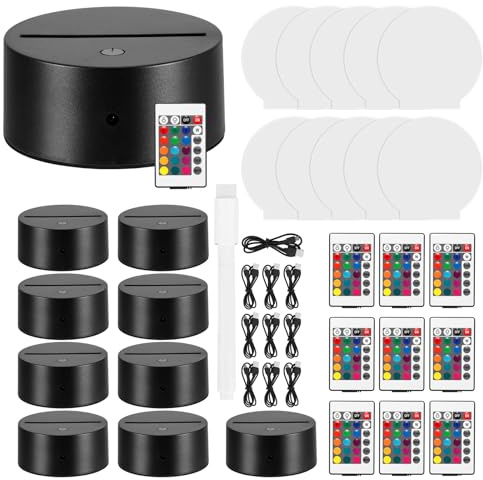 ONEVER 3D Night LED Light Lamp Base, 10pcs Acrylic Plates Touch Control LED Lights Stand for Bedroom, Childroom (10Pcs Black)