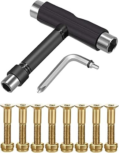 Hooceen Skateboard Hardware 8PCS Bolts Set and All-in-One Skate Tools Portable Skateboard T Accessory with Tool L-Type Phillips Head Wrench Screwdriver (Gold)