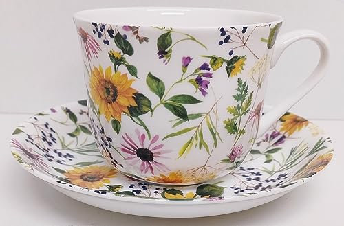 Rainbow Decors Sunflowers Meadow Cup & Saucer Fine Bone China Jumbo Breakfast 15fl oz 425 ml Flowers Floral Hand Decorated in UK