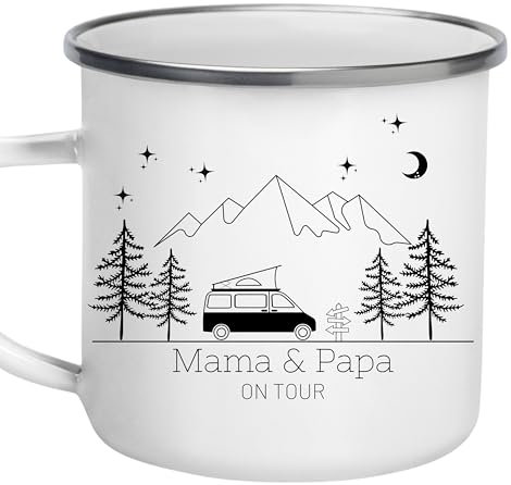 Little Mathilda Emaille Tasse Camping personalisiert mit Namen Campervan Camper Geschenke Wohnmobil Zubehör Camping Geschirr BPA FREI Camping Tassen Campingvan schwarz