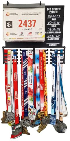 RUNGIFT Medaillenhalter Laufen mit Startnummernhüllen – DIE BESTEN Zeiten – Halter für Laufmedaillen & persönliche Bestzeiten (5 km, 10 km, Halbmarathon, Marathon) – Geschenk für Läufer