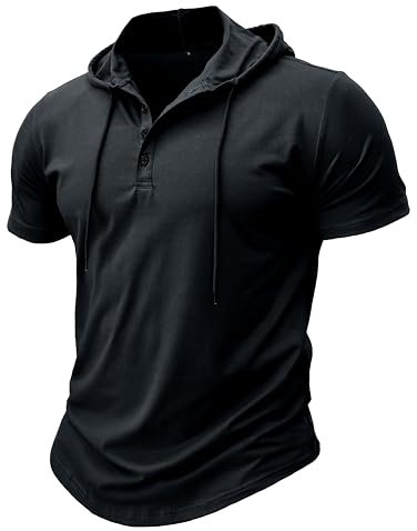 MakingDa Athletische Kurzarm Kapuze Männer Mode Training Gym Pullover Kapuze Hemd Knopf Muskel Fit Sommer Sweatshirt Leichtes Hip Hop Laufen Boxen Wandern Sport Hoodies T-Shirt Schwarz XXL