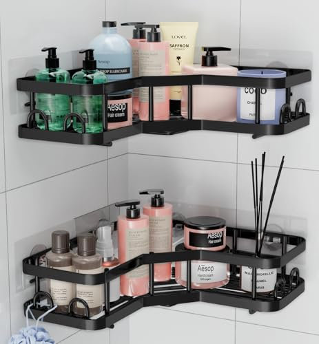 HURUC Corner Shower Caddy – 2 Pack Rustproof, Bathroom Corner Shelves, No-Drill Adhesive, Suction for Accessories and Storage, Black (Black)