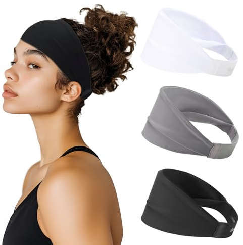 Sweat Absorb Headband for Men & Women, Athletic Headband for Running Yoga Workout, Wide Fashion Headband for Daily, 4 Width, Soft & Strechy, Non Slip Silione, 3 Colors in Pack