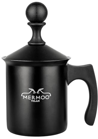 MERMOO YILAN Milchaufschäumer 304 Edelstahl Milchschäumer Doppelsieb, Kalt/Hot Schaum für Lattte, Cappuccino, leicht zu reinigen, perfekt für Reise Camping Büro (schwarz)