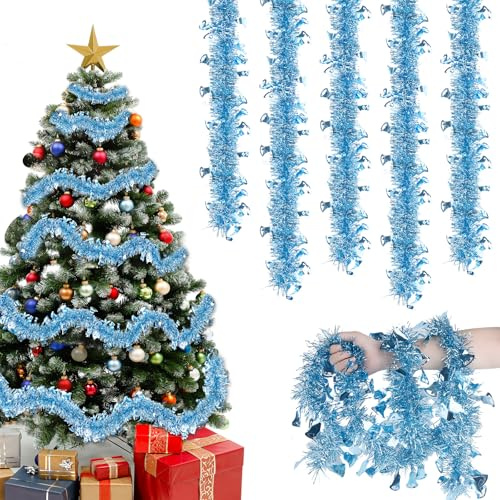Joxessaien Espumillón para Árbol de Navidad 8 Piezas × 2M – Guirnalda Navideña 16M Decoración Navideña Espumillón con Campanas – Decoración de Árbol de Navidad para Interior y Exterior (Azul Claro)