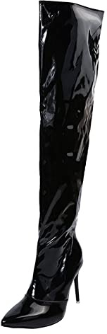 Dasongff - Botas altas para mujer sexy de látex con tacón alto de aguja caliente invierno bota mujer sexy rodilla bota elástica talón bloque pantorrilla negro marrón, Negro , 43 EU