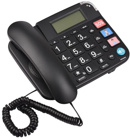 Aumotop Hus Hem Äldrevänlig Svart Sladdtelefon med Stora Knappar Fast Telefon på Skrivbord, Support Handsfree/återuppringning/blixt/kortnummer, Bärbar Trådbunden Telefon för Företagshotell (Svart)