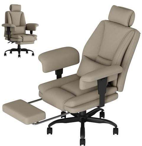 Submi Silla de Oficina Ejecutiva Grande y Alta, Reclinable Silla Escritorio, Silla Escritorio Altura Ajustable con Reposapiés para Adultos, Respaldo Alto Silla Gamer, Reposabrazos 3D Elevables, Caqui