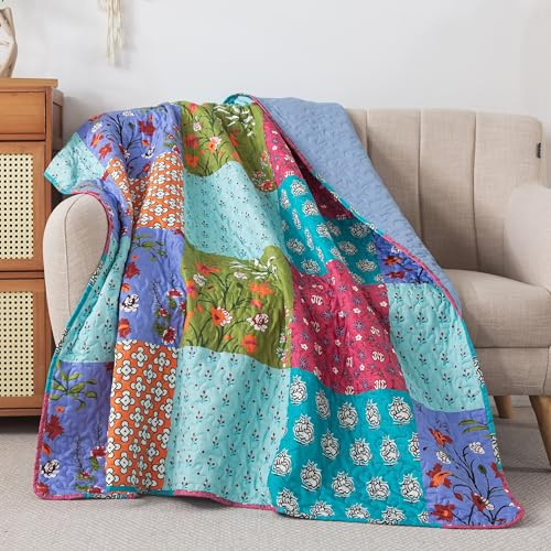 SLPR All is Bright 50 x 60 Quilted Throw Blanket, Summer Lightweight Throw Quilt with Colorful Patchwork Design for Couch and Bed, Bohemian Vintage-Inspired Lap Quilt
