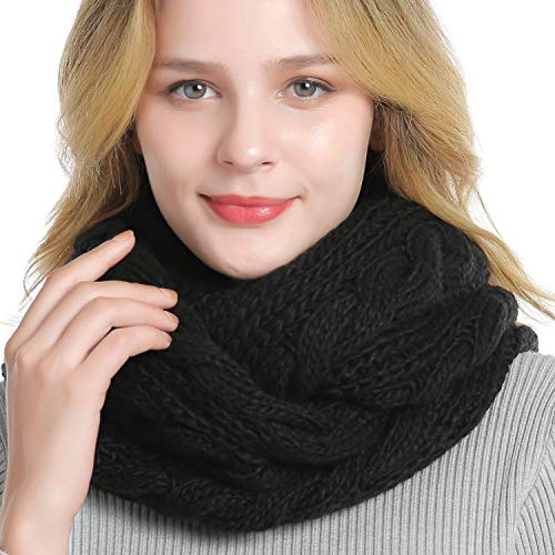 QUEENFUR Winter Women Thick Cable Knit Ribbed Infinity Circle Loop Scarf Matches with Beanies (Black)