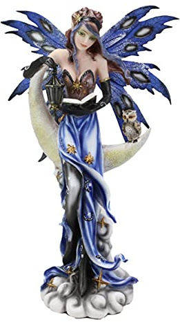 Ebros Fantasy Celestial Bookworm Fairy Carrying Lantern and Owl Sitting On Crescent Moon Clouds and Stars Statue 14 Tall Fairies Nymphs Pixies Collectible Figurine