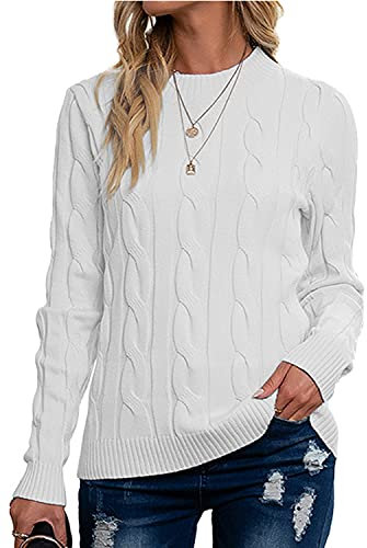 Breampot Women Cable Knit Jumper Casual Basic Long Sleeve Pullover Sweater Tops(White,X-Large)