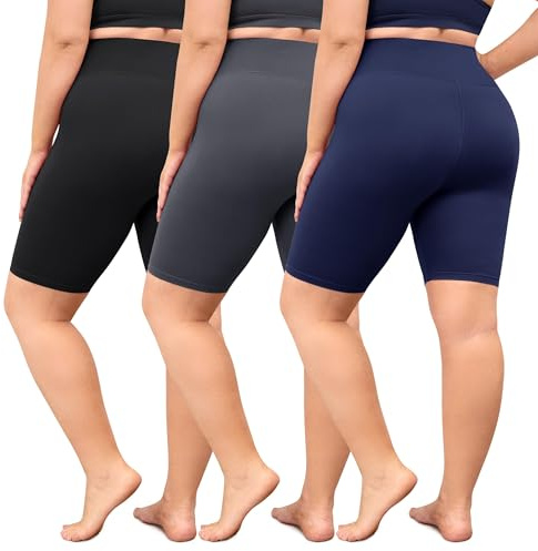 VALANDY Pantaloncini da palestra per le donne a vita alta pantaloncini da yoga per motociclisti, allenamento, corsa, ciclismo, atletico, burroso, morbido, 3 paia nero/grigio scuro/blu navy, XX-Large