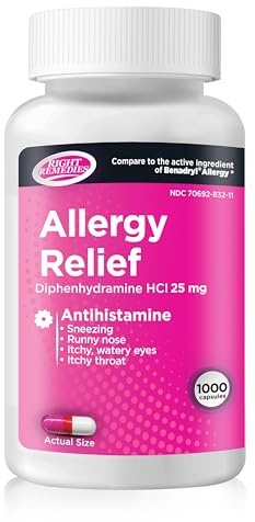 RIGHT REMEDIES Allergy Relief Capsules, Antihistamine, Diphenhydramine HCL 25mg, Relieves Seasonal Indoor or Outdoor Allergies, Runny Nose, Sneezing Allergy Relief (1000 Capsules)