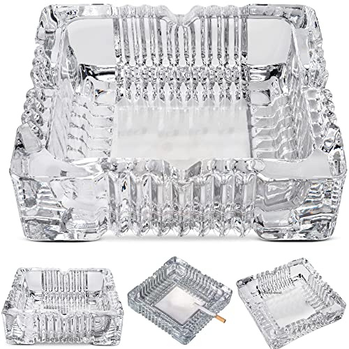 Crystal Glass Ashtray Decor Square Transparent for Home Indoor and Outdoor Living Room Office Bar Indoor Patio Garden Restaurant Decorative Tabletop Ashtray for Cigars Cigarettes Gift