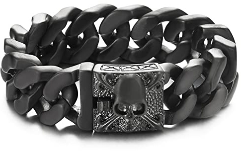 COOLSTEELANDBEYOND Herrarmband med stort svart stålpansarkedja med Fleur De Lis och dödskalle, biker gotisk, satin, Length 22CM, Width 2CM, Ingen ädelsten