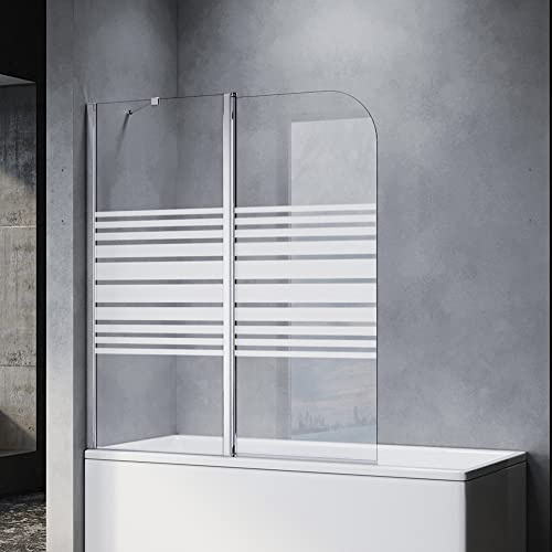 SONNI Mampara Bañera Plegable Serigrafiada 120 x 140 cm Cristal Templado 6mm Mamparas de Bañera Abatible 2 Hojas con Barra Estabilizadora y Perfil Aluminio
