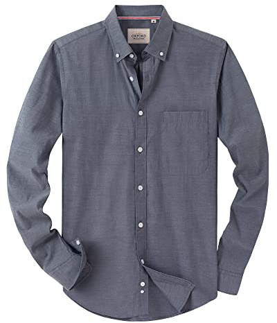 Alimens & Gentle Mens Solid Oxford Shirt Long Sleeve Dress Shirt Work Casual Grey Button Down Shirts with Pocket,Light Grey,Large